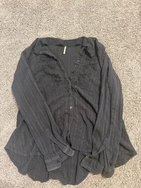 Free People Black Button-Down Blouse with Lace